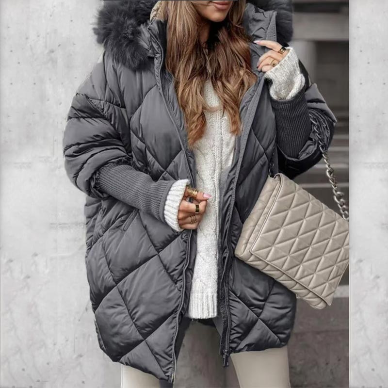 Women’s Mid-length Parka Coat with Knit Sleeves Patchwork