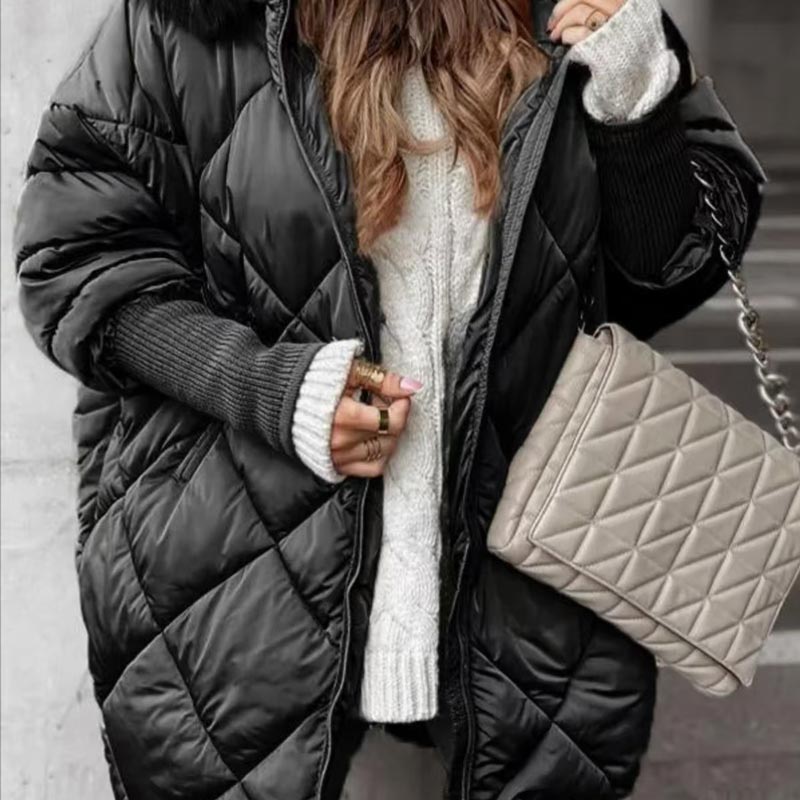 Women’s Mid-length Parka Coat with Knit Sleeves Patchwork