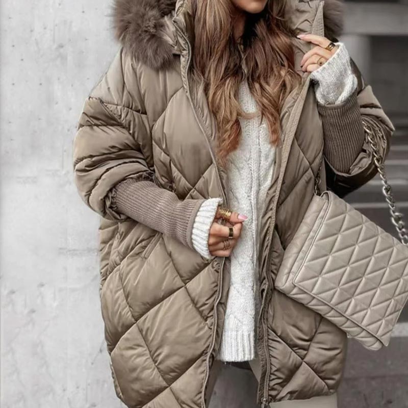 Women’s Mid-length Parka Coat with Knit Sleeves Patchwork