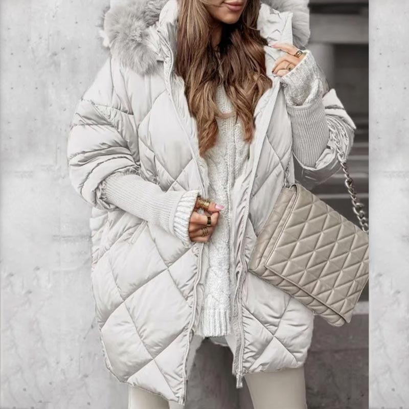 Women’s Mid-length Parka Coat with Knit Sleeves Patchwork